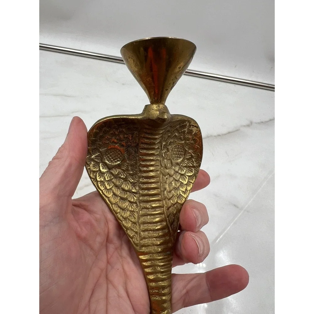 Vintage Solid Brass Cobra Snake Candlestick Holder Etched Coiled Base 8.5 Inch